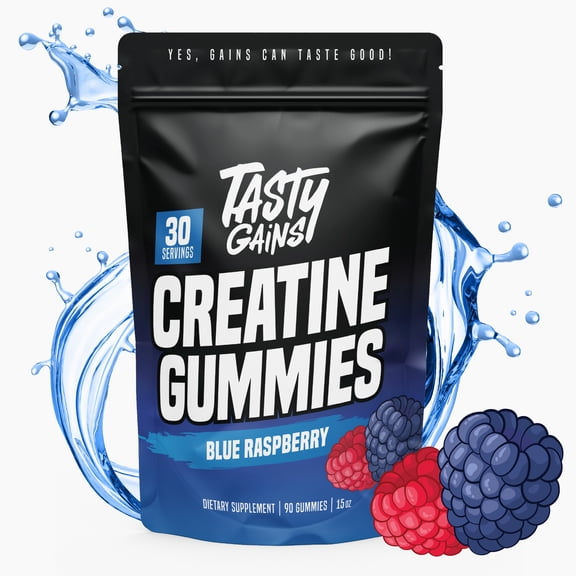 TASTY GAINS Creatine Gummies - 90g of Creatine Monohydrate - Workout Supplements - Build Muscle & Boost Strength for Men & Women - Made in USA - Non GMO - Vegan Friendly (Large, Blue Raspberry)