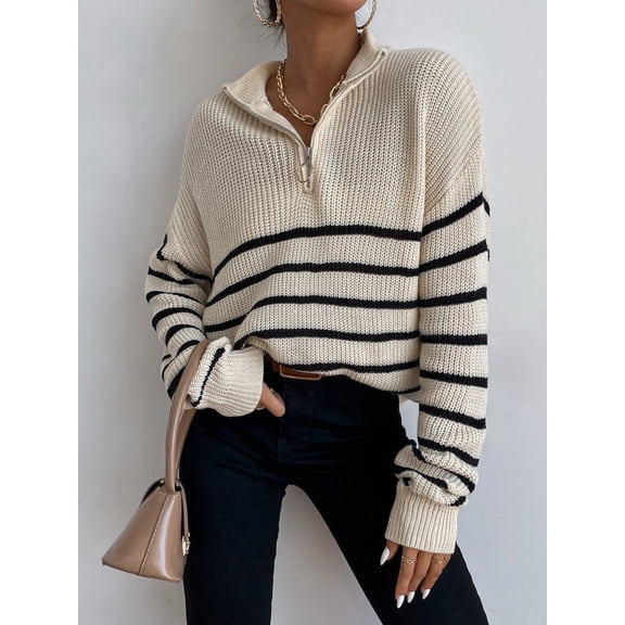 Women Striped Drop‑Shoulder Half Zip‑Up Knit Sweater, Loose Casual Long‑Sleeve Top