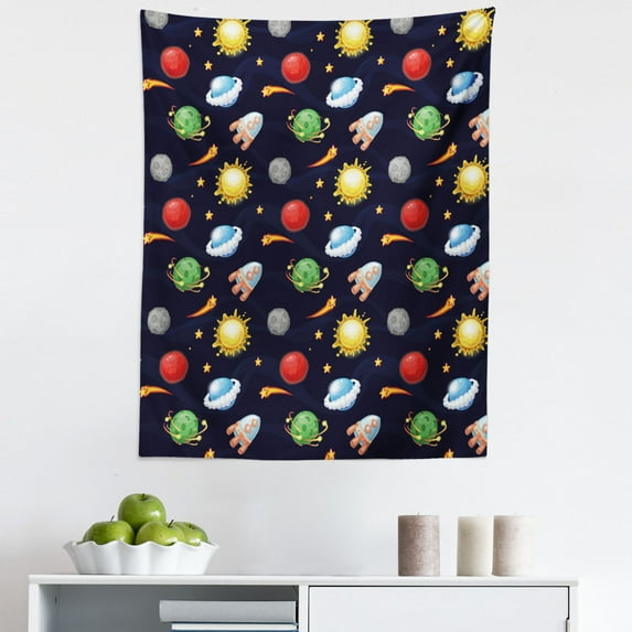 Space Tapestry, Cartoon Style Cosmos Themed Illustration Sun with Stars Planets and Space Rocket, Fabric Wall Hanging Decor for Bedroom Living Room Dorm, 5 Sizes, Multicolor, by Ambesonne