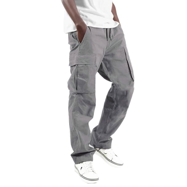 Pantalones cargo informales para hombre: múltiples bolsillos tejidos, color liso, estilo urbano