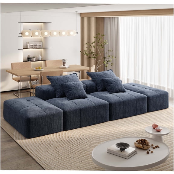 JERFIT Modern Large 4-Piece Modular Sectional Sofa with Ottomans, Plush Chenille Fabric, Tufted Back, No Assembly Required, Blue