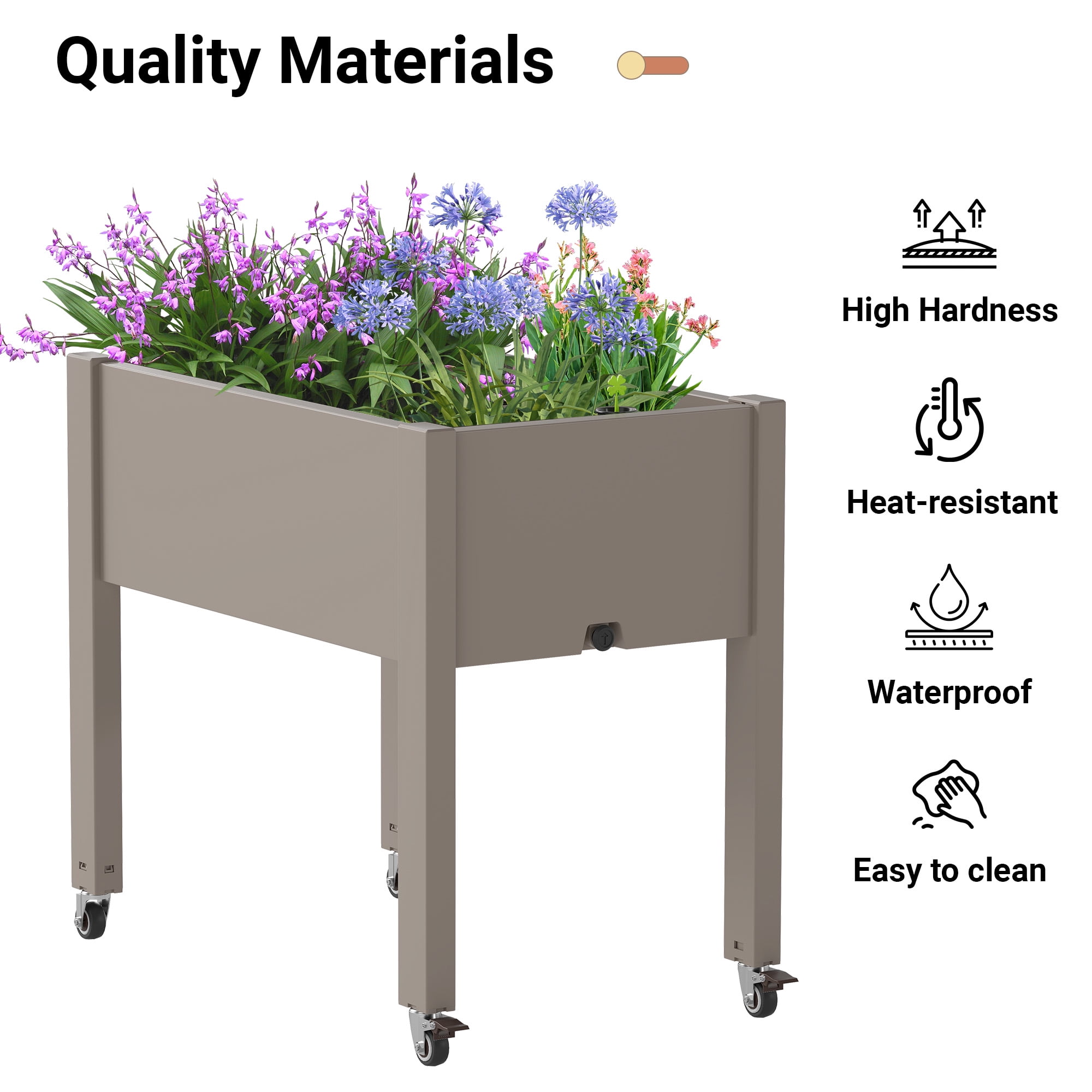 Raised Garden Bed - Outdoor Elevated Planter with Weatherproof Resin, Effective Drainage & 4 Swivel Wheels for Backyard, Patio and Balcony, Grey