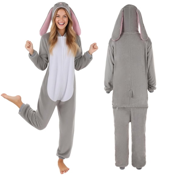 Bunny Onesie Adult Animal Rabbit Pajamas Bunny Jumpsuit Homewear Sleepwear Zipper Hooded for Unisex
