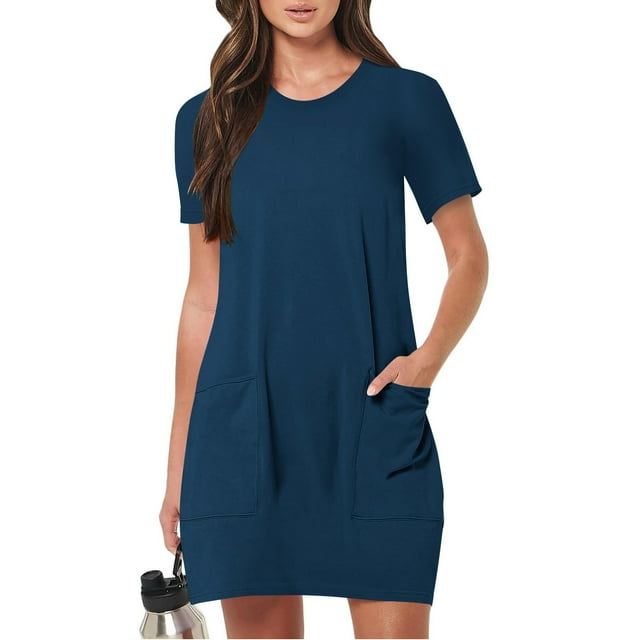 Robes Femmes DYTTDG Robe pour Femme Col Rond Manches Courtes Ample Décontractée Mini-Robe avec Poches Économies jusqu'à 30 % de Rabais Bleu Marine,m