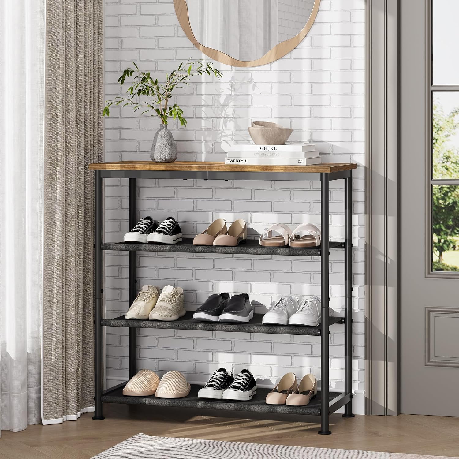4-Tier Stackable Shoe Rack with Metal Frame and Fabric Shelves 20-25 Pair Shoe Organizer for Entryway Closet and Bedroom Brown-Black