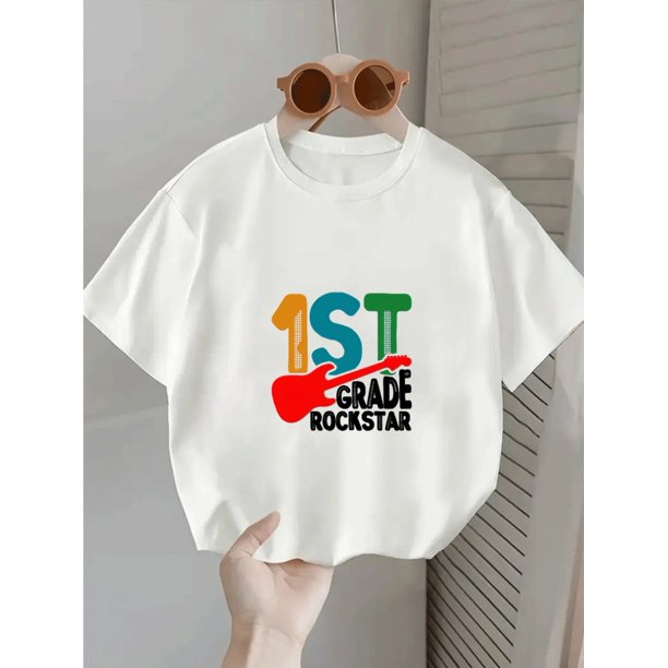 Girls' First Grade Celebration T-Shirt - "1st Grade Rockstar" Graphic Tee, Soft Stretchy Fabric for Toddler Girls, First of School Outfit or Birthday Party Shirt - Machine Washable Kids Top