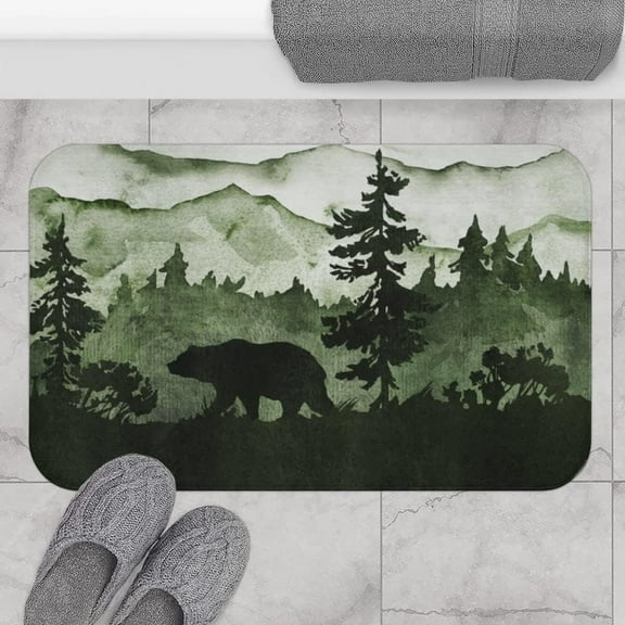 Bath Mat Bath Mat and Rug,Forest Green,Woodland Spruce,Bear,Landscape Watercolor,Farmhouse,Country Home,Soft Non Slip,Bathroom Rug Decor Interior Doormat,Flannel Door Mat,17x30 inch,Home Decor.