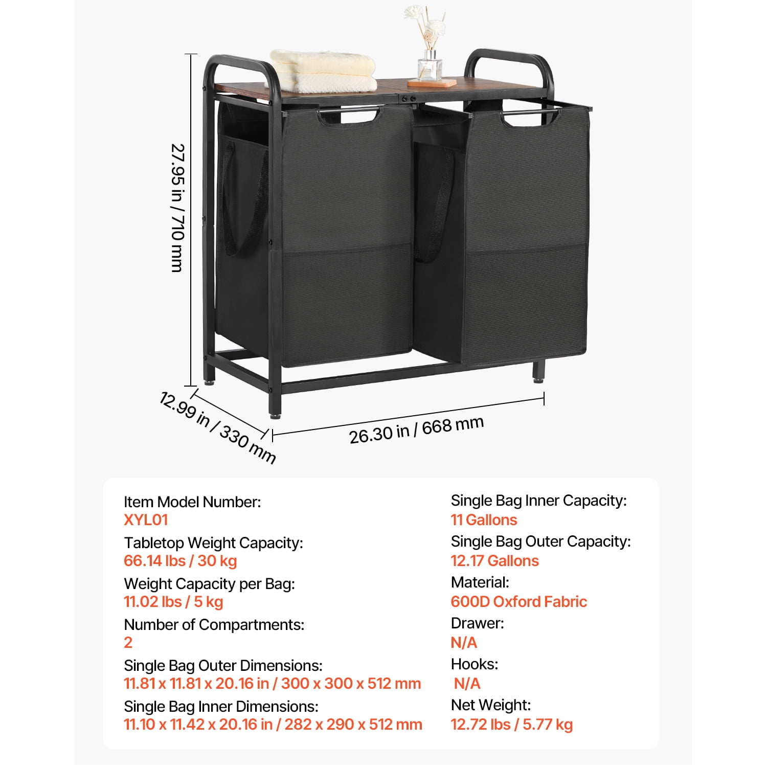 KFFKFF 2-Section Laundry Organizer with Metal Frame and Wooden Top, Spacious Hamper with Removable 600D Oxford Cloth Bags for Sorting Clothes, Ideal for Bathroom or Laundry Room