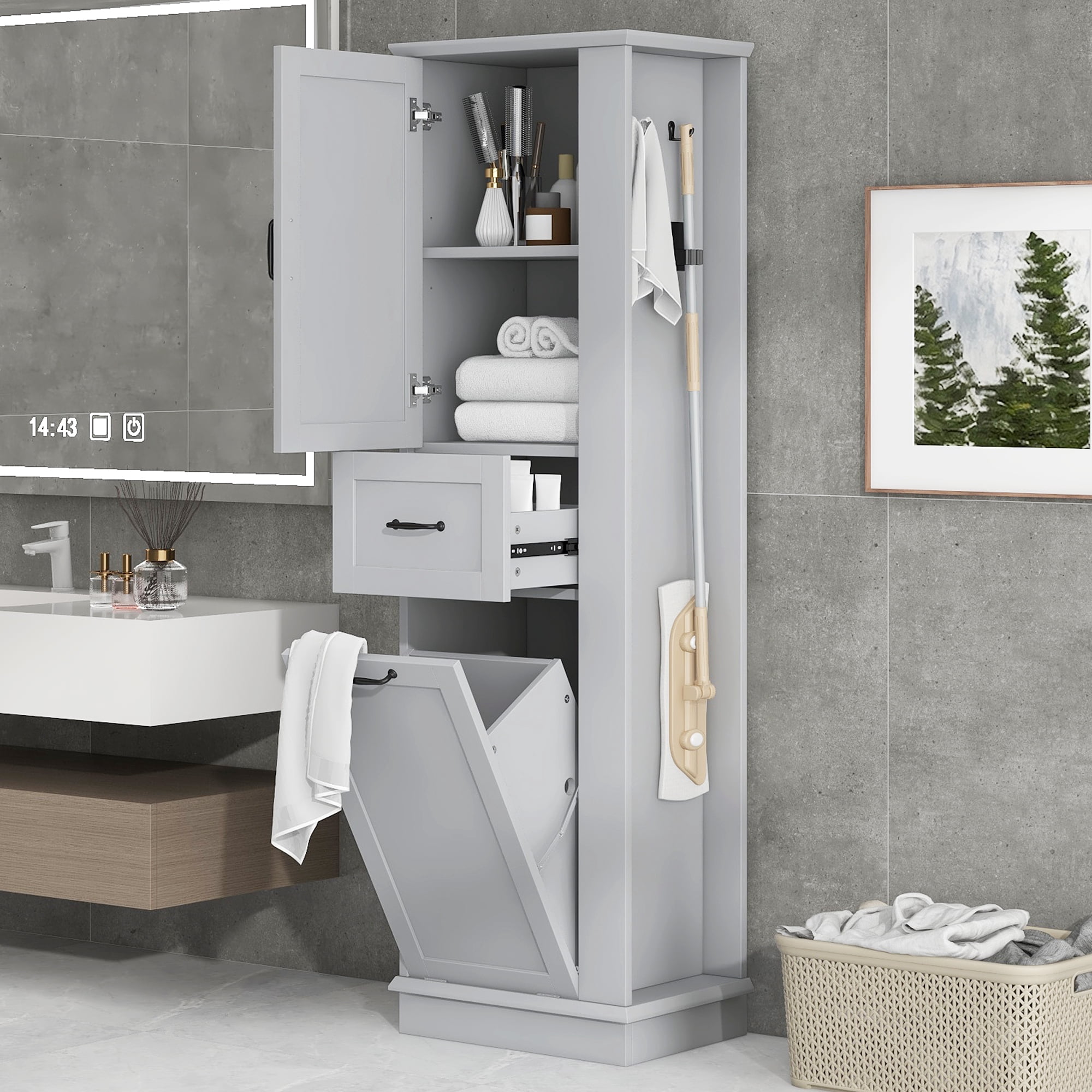 Euroco Tall Bathroom Storage Cabinet with Tilt-Out Hamper, Adjustable Shelves, Soft-Close Hinges, Side Hooks, Modern Slim Linen Tower Organizer