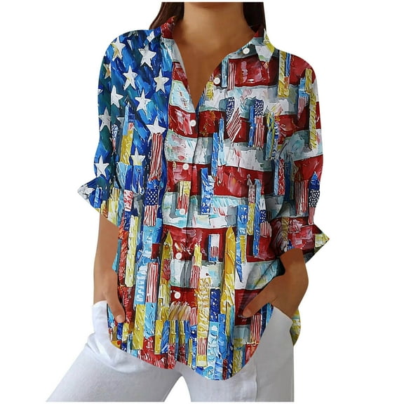 SELONE Striped Button down Shirt Women Fourth of July Print Star Tops Collared Long Sleeve Wear Patriotic Graphic Clothes