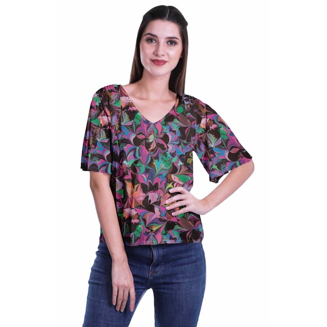 Moomaya Blouse d'Été Boho à Manches Courtes en Rayonne Imprimée pour Femmes
