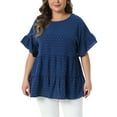 thumbnail image 1 of Blusas de Verano Casual de Talla Grande para Mujeres Agnes Orinda, Tops de Pascua con Lunares Suizos, Cuello Redondo, Volantes, Manga Corta y Dobladillo en Capas 1X Azul Oscuro, 1 of 6