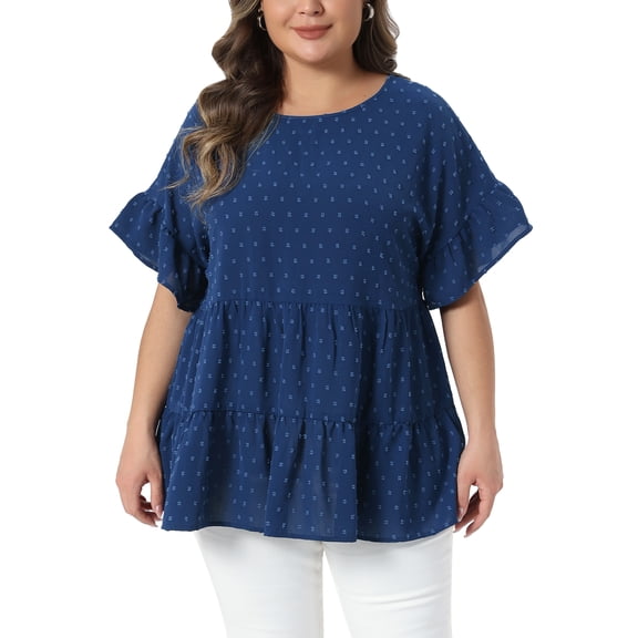 Agnes Orinda Women's Plus Size Easter Tops Swiss Dots Back Tie Crew Neck Ruffle Short Sleeve Tiered Hem Summer Casual Blouses 3X Dark Blue