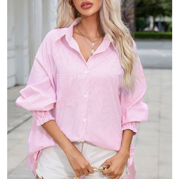 Womens Smocked Cuffed Striped Boyfriend Shirt Casual Collar Long Sleeve Oversized Button Down Blouse Tops with Pocket Shirred