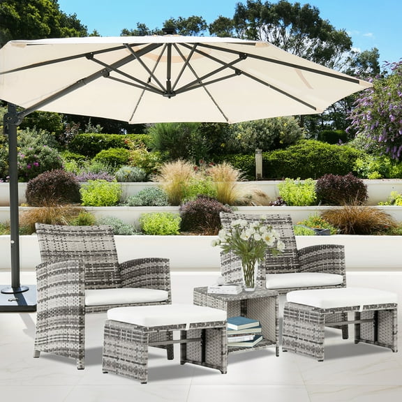 5 PCS Patio Wicker Sectional Sofa Set, Outdoor PE Rattan Conversation Furniture Set with Cushioned Chair, Ottoman and Coffee Table, All-Weather Furniture Set for Porch, Backyard, Balcony, Gray, D1070