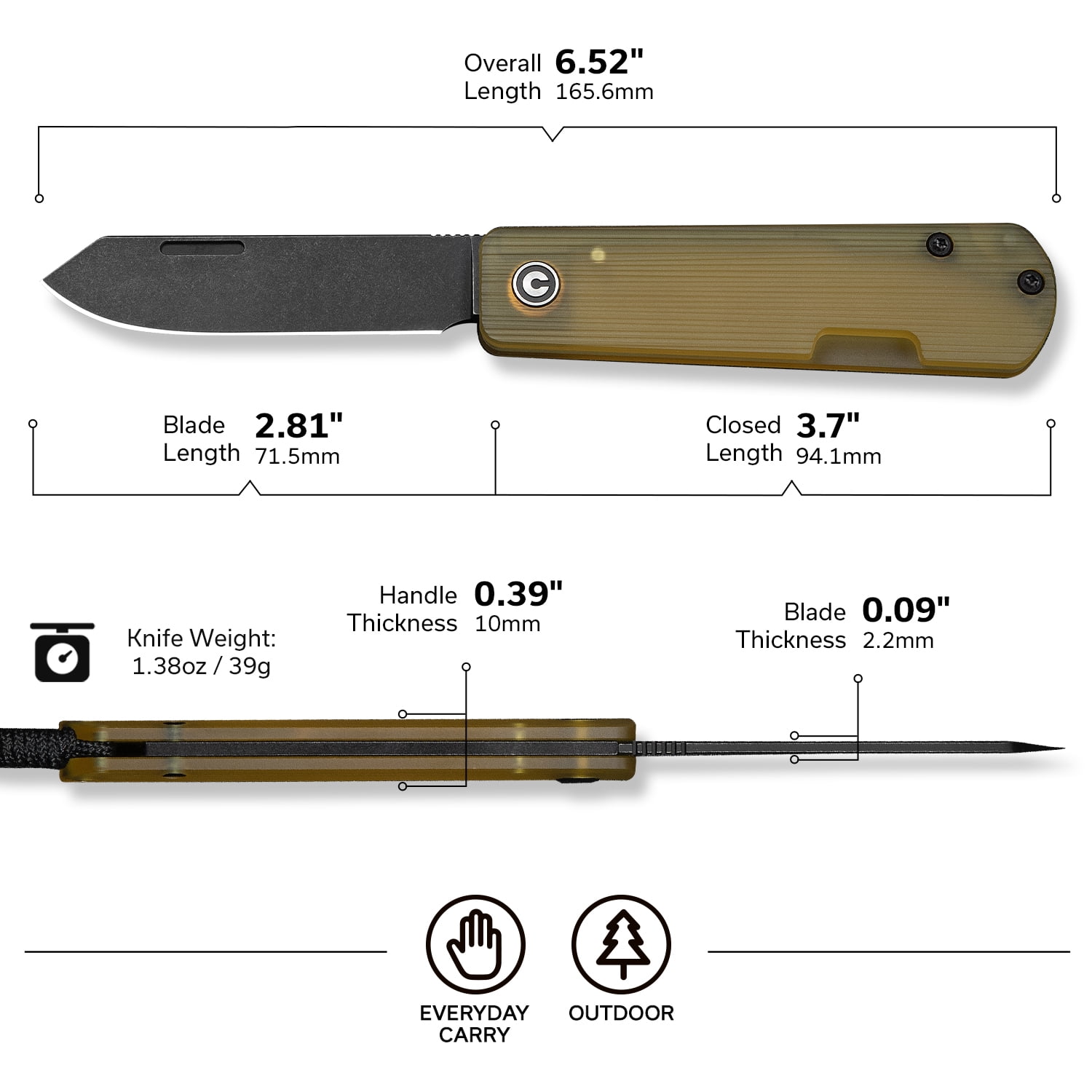 CIVIVI Knives Slippy Sendy Amber Ultem & Nitro-V Stainless Steel Pocket Knife C24075A-1