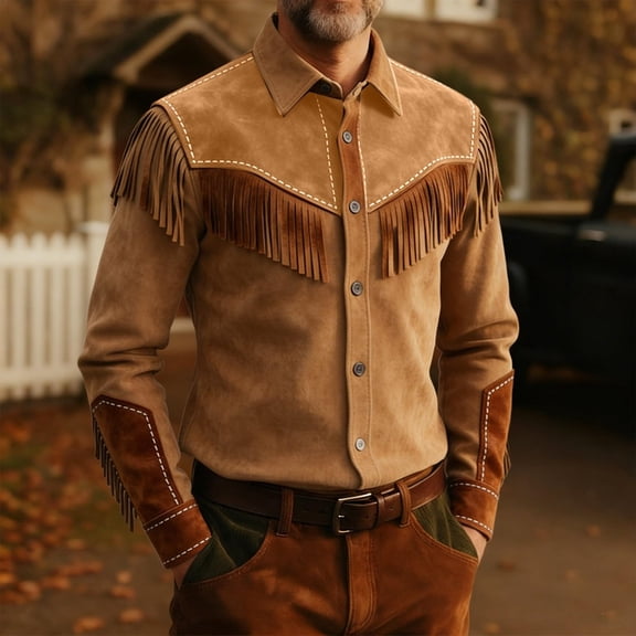 Ceisia Men's Western Fringe Colorblock Button Down Lapel Collar Long Sleeve Denim Jacket Casual Outwear Coat Brown XXXL Gifts