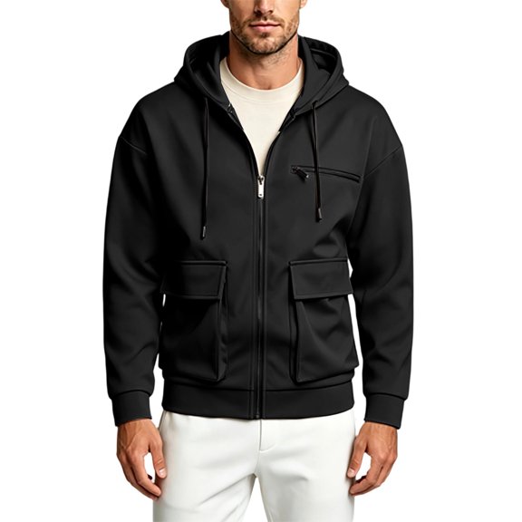 Jerdar Men's Solid Color Loose Casual Multi-Pocket Hooded Full Zip Long Sleeve Jacket Outdoor Jacket Men