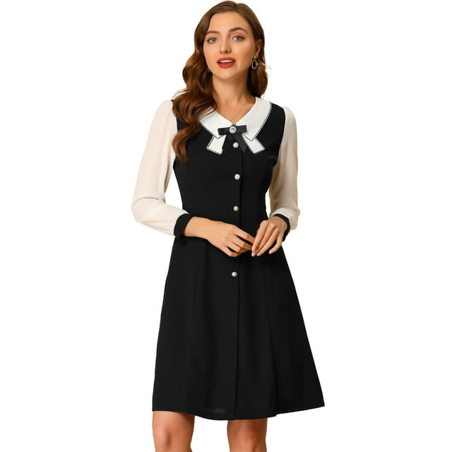INSPIRE CHIC Women's Contrast Collar Long Sleeves A-Line Button Decor Short Dress