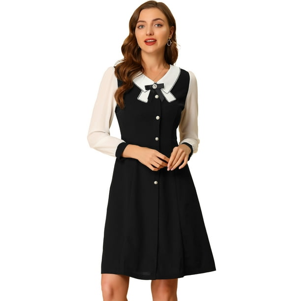 Vestido Corto De Manga Larga Con Cuello En Contraste Para Mujer Negro M