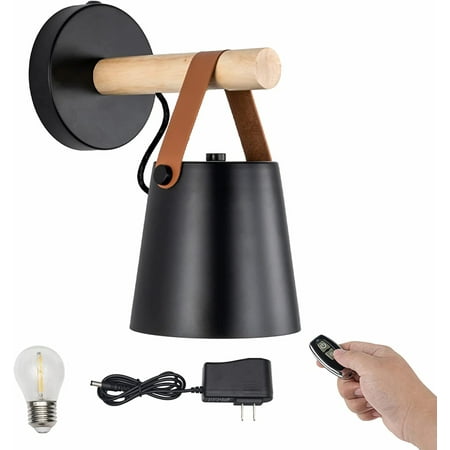 

FSLiving Battery Operated Wall Sconce Rechargeable Battery Run Low-Volt Safe LED Remote Control Cordless Black Metal Wooden Wall Sconce Vintage Wall Light for Corridor Dorm Bulb Included-1 Pack