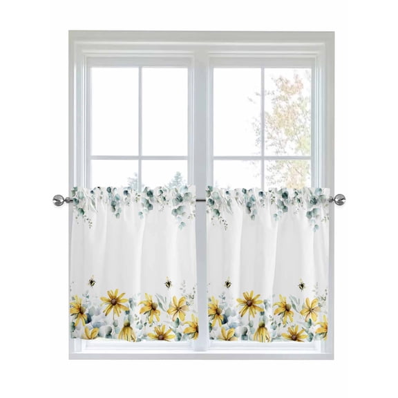 Sunflowers Bees 2 Panel Kitchen Curtains for Small Windows, Spring Watercolor Eucalyptus Leaves Bathroom Tier Curtain, Short Window Treatment for Bedroom/Living Room 55"x36"