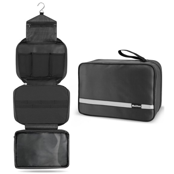 Maliton Large Hanging Toiletry Bag - Medium Waterproof Travel Makeup Bag for Women & Men - 11.2"L x 4.87"W x 7.6"H - Black