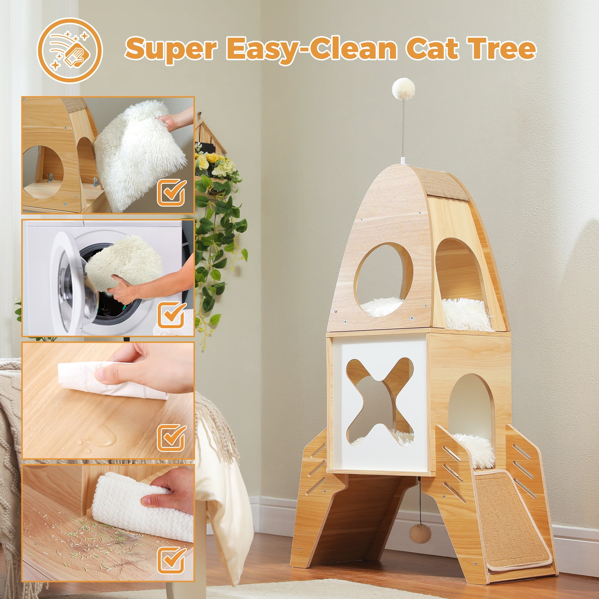 Pefilos 43" Modern Cat Tree Tower Rocket Shape, Multilevel Cat Condo for Large Cats, Cat Tower for Big and Fat Spacious, Beige