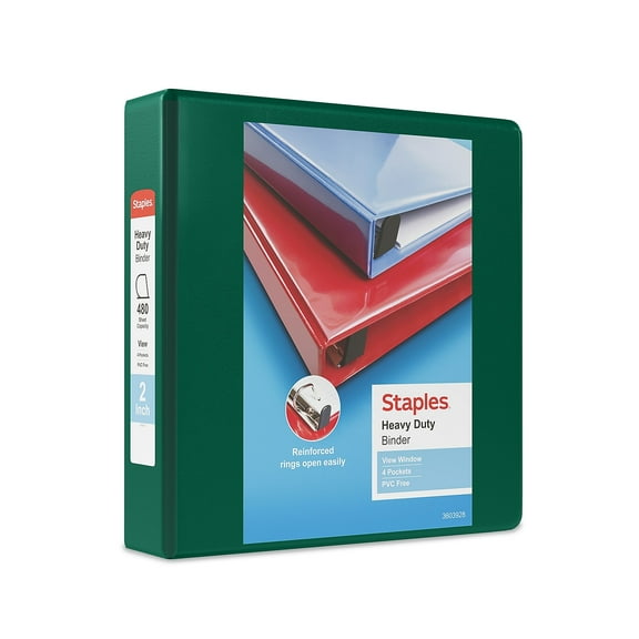 Staples Heavy Duty 2" 3-Ring View Binder with D-Rings and Four Interior Pockets Dark Green 3/Pack