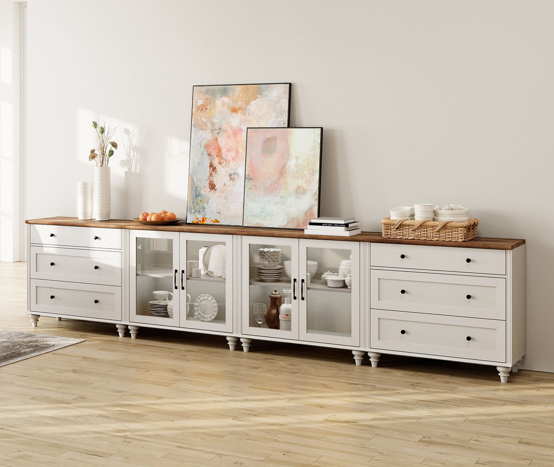 4-in-1 TV Stand for 75 Inch TV, Wood TV Cabinet Entertainment Center Television Stands for Living Room, Sideboard Buffet Cabinet with Glass Door & Drawer for Kitchen, White