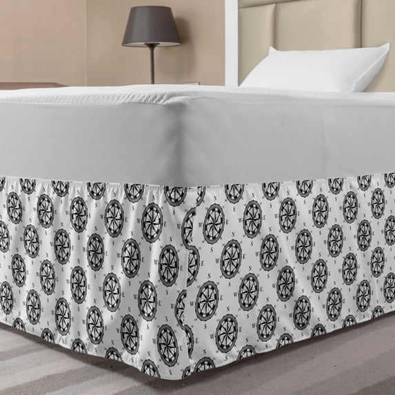 Compass Bed Skirt, Explore the Ocean Theme with Monochrome Discovery Sea Journey Adventure, Elastic Bedskirt Dust Ruffle Wrap Around for Bedding Decor, 4 Sizes, Black White, by Ambesonne