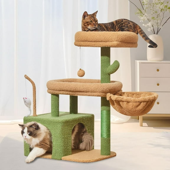 MS043T Tree, 32.2-Inch Tower for Indoors Cats, Condo with Large Perch, Spacious Cave, Posts for Small and Medium Cats, Cactus