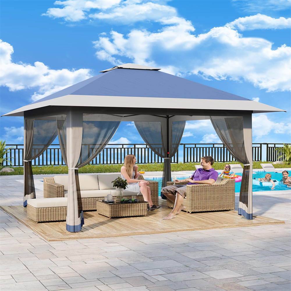 13x13Pop-Up-Gazebo Outdoor Canopy Tent with Mosquito Netting, [Adjustable Height & Spacious] Pop Up Tent with Double Roof, UV-Resistant Outdoor Gazebo for Backyard, Patio, Lawn, Garden, Deck