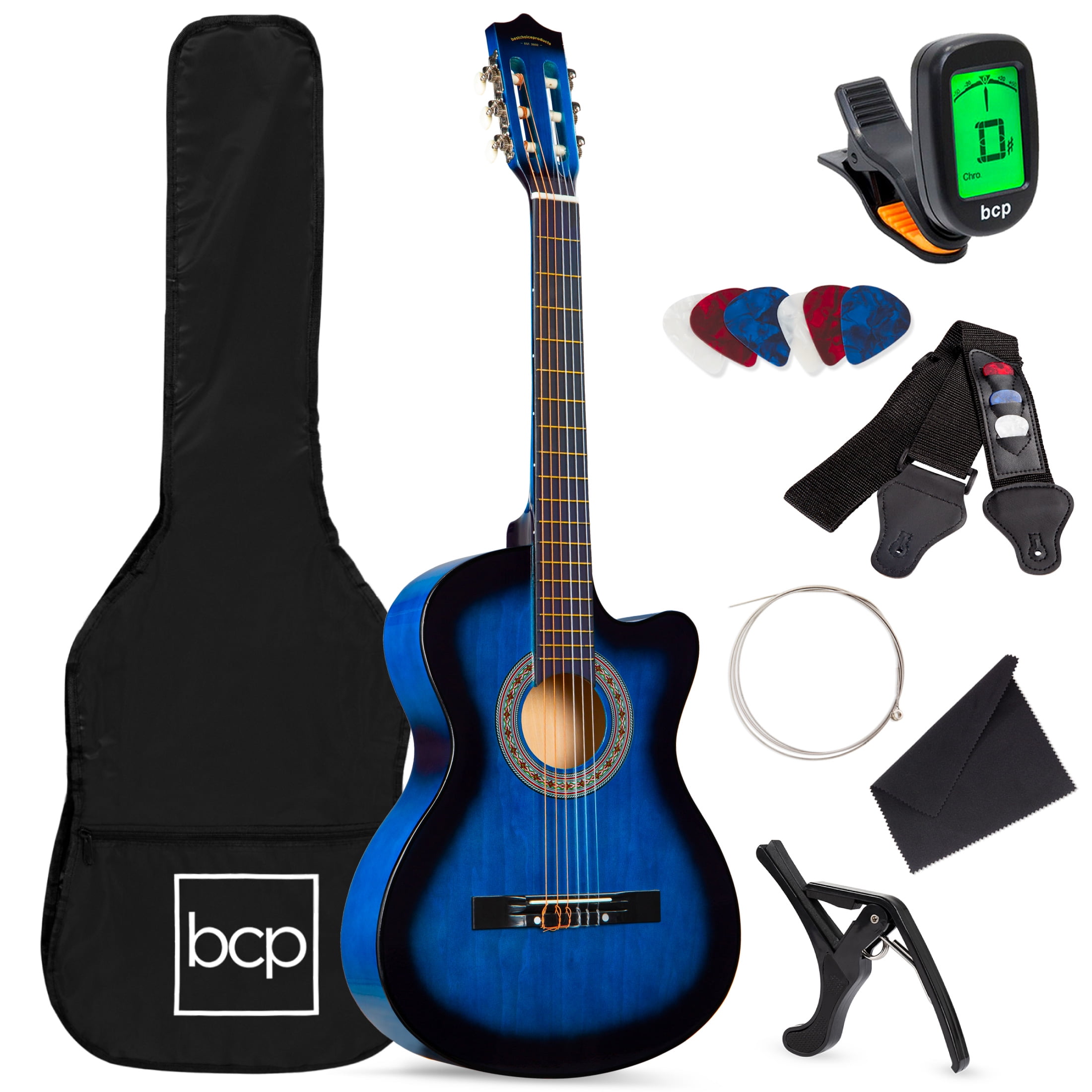 Best Choice Products Beginner Acoustic Guitar Starter Set 38in w/ Case, All Wood Cutaway Design, Strap, Tuner - Blue