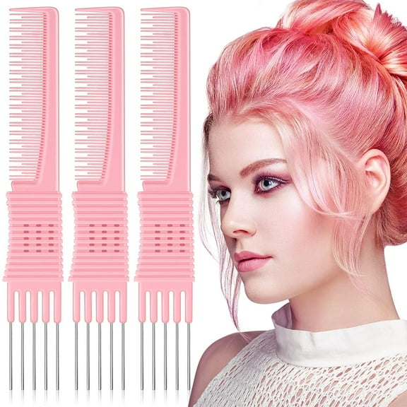 3 Pack Carbon Lift Teasing Combs with Metal Prong, Hair Pick Comb for Women Hair Styling(Pink)