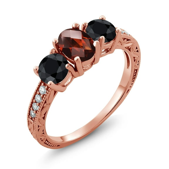 Gem Stone King 2.50 Ct Oval Checkerboard Red Garnet Black Sapphire 18K Rose Gold Plated Silver Moissanite Ring (Size 9)