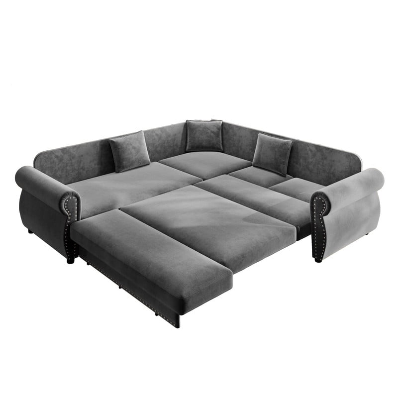 88.2" Sectional Sleeper Sofa with Pull Out Bed, Convertible Sleeper Couch with Nailhead Trim, 5-Seat Sectional Sofa Chenille Couch for Living Room Apartment