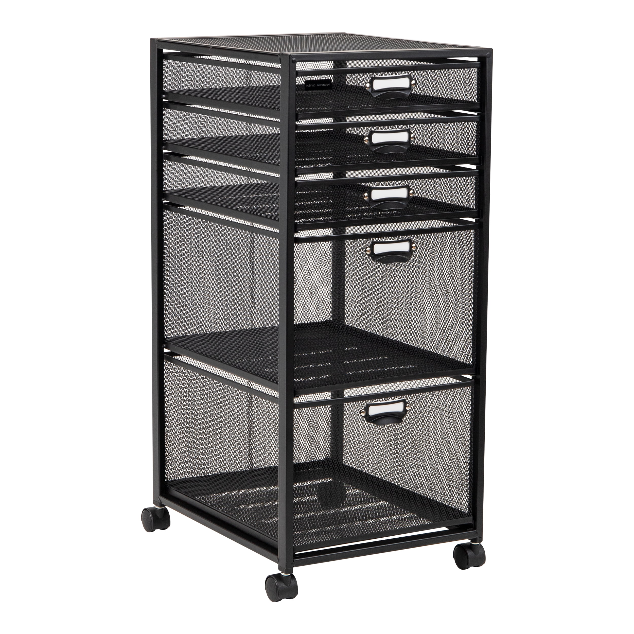 Mind Reader Vertical Office Storage Organizer with Mesh Drawers Label Holders and Optional Wheels, Metal Mesh, Black