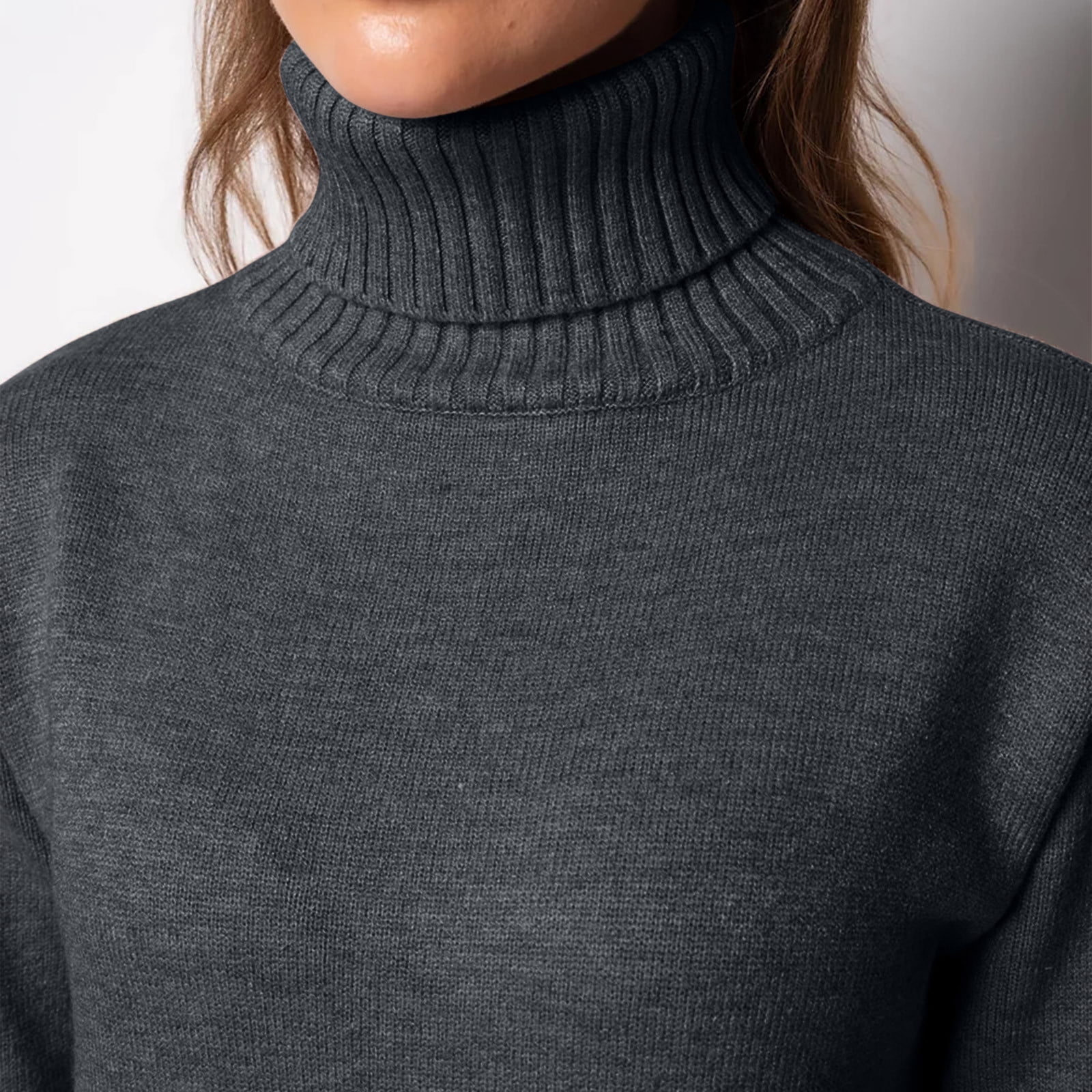 Arnsht Womens Fall and Winter Elegant Fleece Sweater Dresses Solid Color Loose Turtleneck Dress Long Sleeve Knitted Skirt Gray S