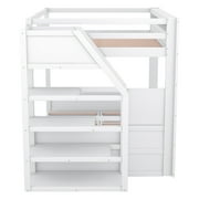 Euroco Wood Full Bunk Bed or Full over Futon with Shelf and Drawers for Kids Teens, Covertible into Daybed for Living Room, White
