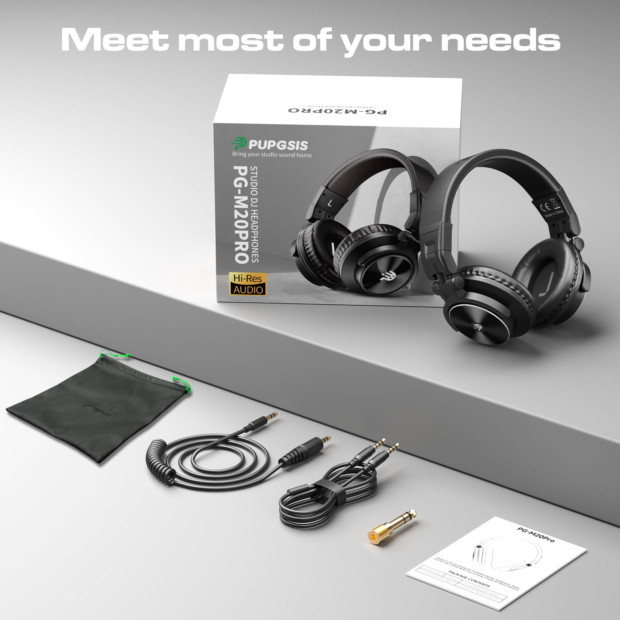 Pupgsis Wired Headphones, 40kHz High-Resolution DJ Stereo Headphones with 1/4" & 3.5mm Audio Jacks, Ideal for Recording, Mixing and Podcast Production