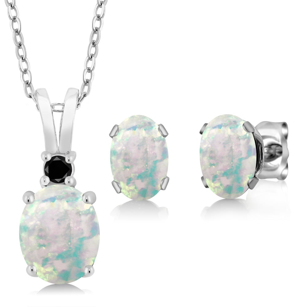 2.38 Ct Oval White Simulated Opal 925 Sterling Silver Pendant Earrings Set by