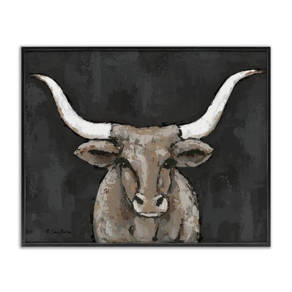 Stupell Industries Farmhouse Longhorn on Murky Grey Black Framed Giclee Art, 14 x 11, by Sara Baker