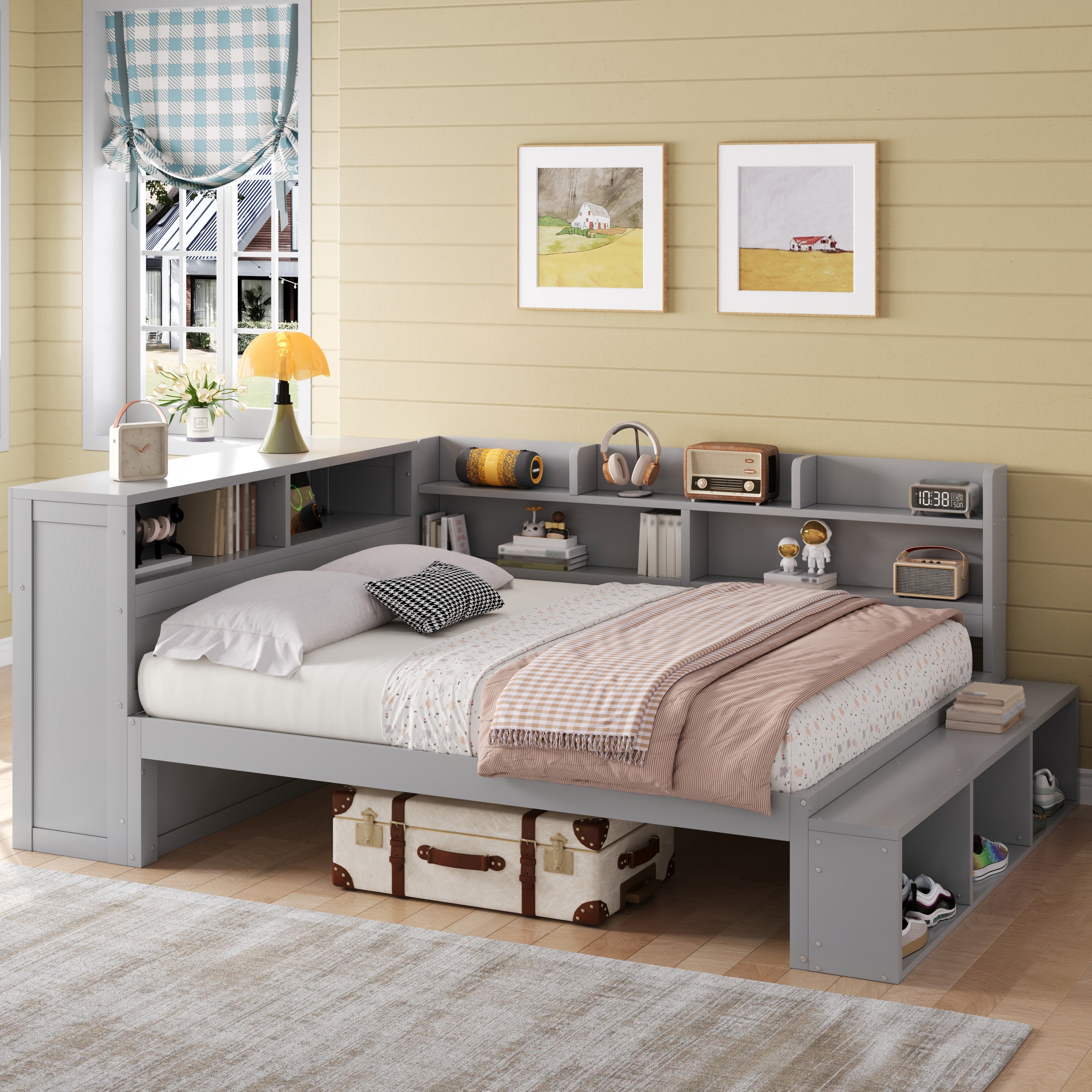 Mintazer Full Size Daybed with Storage Cabinets & Charging Station, Platform Bed Frame with Shoe Rack, Gray