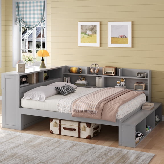Harper & Bright Designs L-Shaped Corner Daybed Full Size with Storage Cabinets, Wooden Full Captain Bed with Shoe Cabinet and USB Ports, Gray