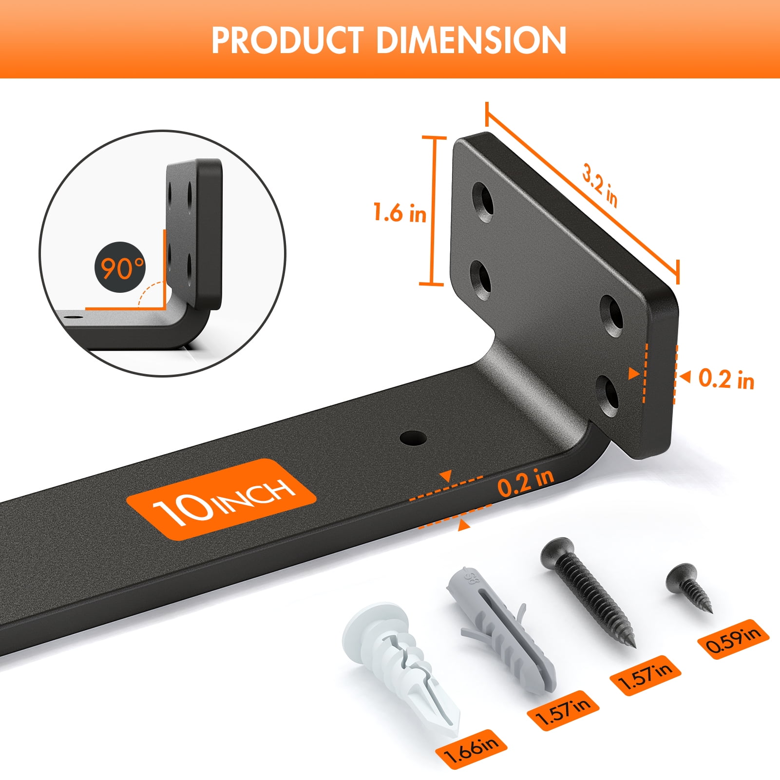 6 Pack Shelf Bracket 10 inch Long, Yeabett Floating Shelves Brackets(1/5"-Thick), Black Coated Metal Wall Shelf Support Brackets with 160 lb. Load Capacity