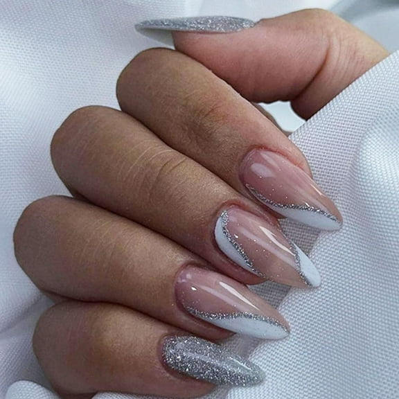Press on Nails Medium Almond Shaped Acrylic Fake Press Ons Nails with Silver Glitter Wave Lines Design Glue on Full Cover Artificial False Stick on Nail for Girls Women Daily Wear 24PCS Silver Glitte