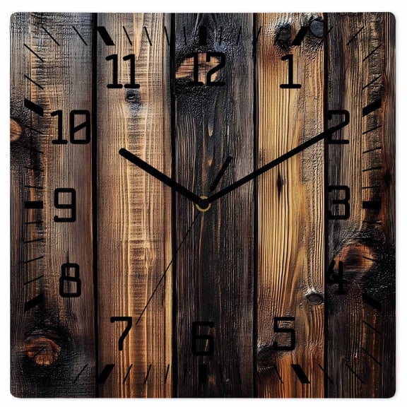 Black Brown Board Wooden Wall Clock Silent Non Ticking, Vintage Chic Shabby Wooden Grain Square Wall Clocks Battery Operated, Decor Clock for Home Office, Living Room, Kitchen, 10 Inch