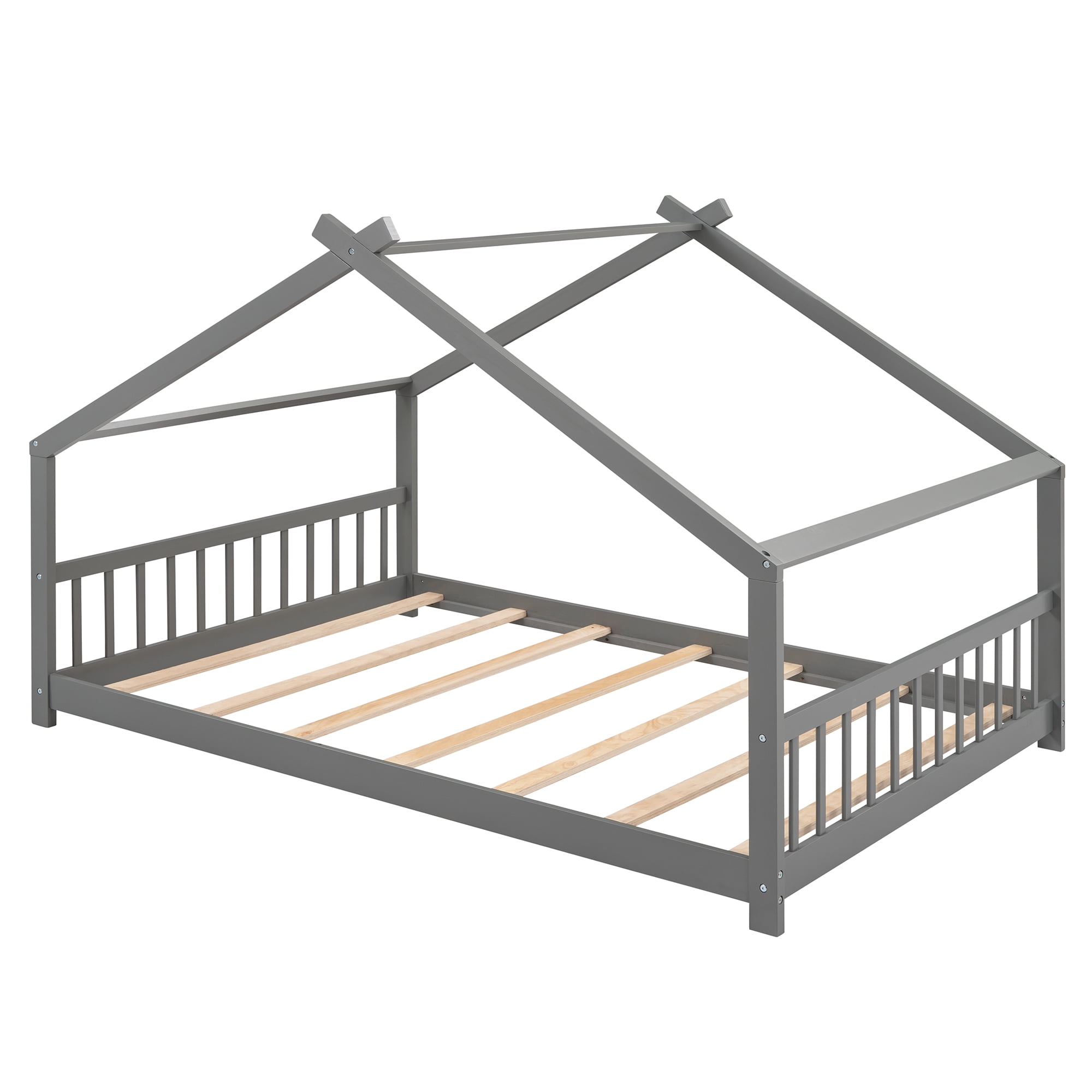 Leumius Full Size Wood House Bed for Kids,Montessori Floor Bed Frame with Headboard and Footboard,Playhouse Bed for Girls Boys(Full, Gray)