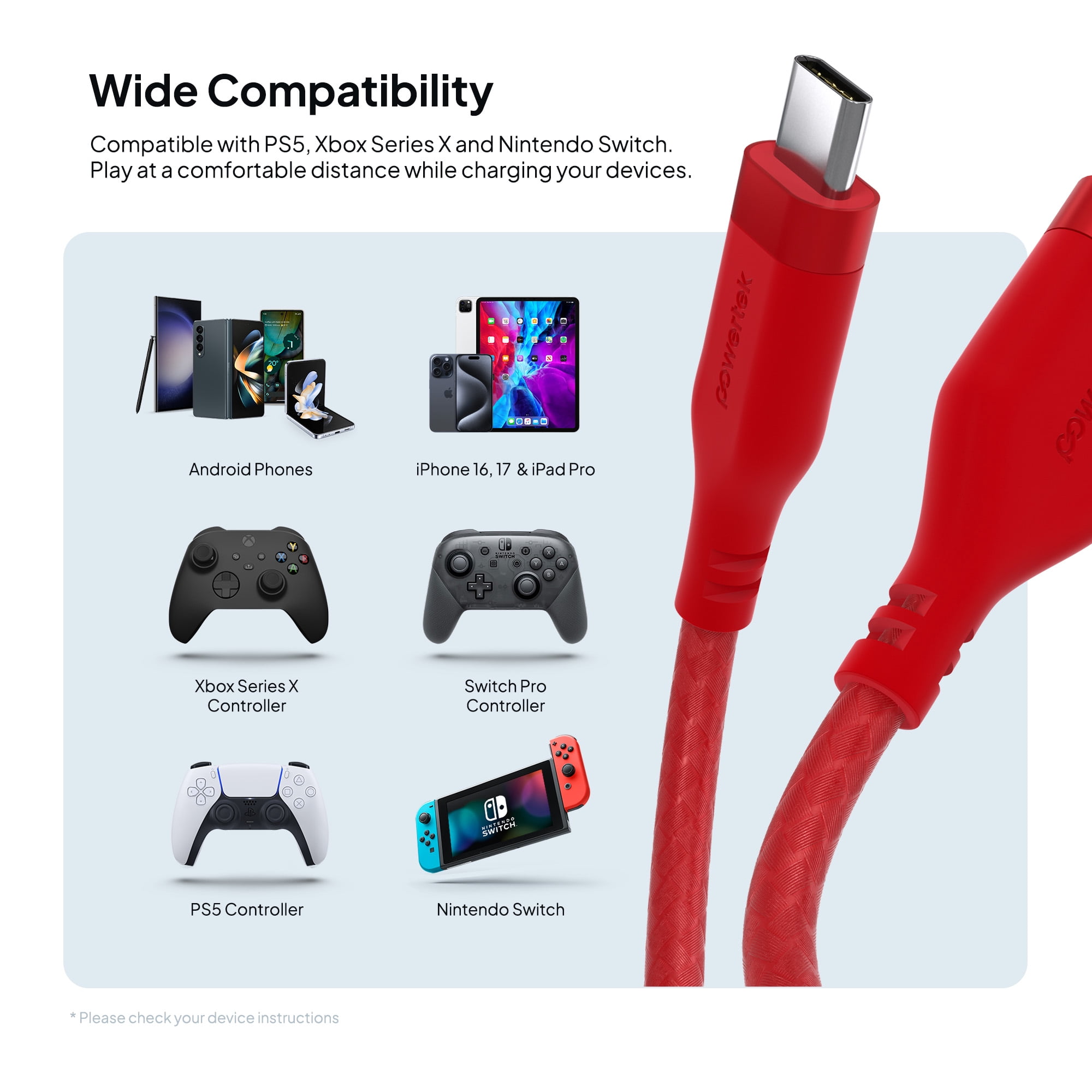 Powertek USB-A to USB-C (Type-C) Charging Cable, Carbon Design Texture, 6 ft, Red